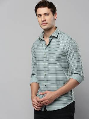men's long sleeves horizontal stripes sea green shirt 3