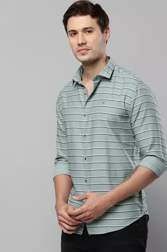 men's long sleeves horizontal stripes sea green shirt