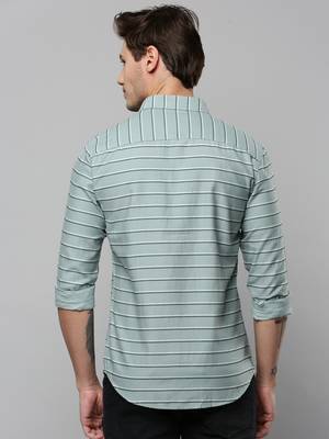 men's long sleeves horizontal stripes sea green shirt 4
