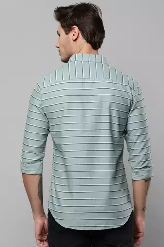 men's long sleeves horizontal stripes sea green shirt