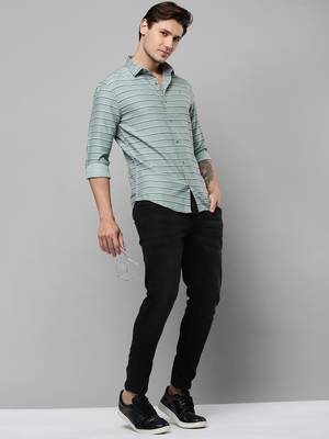 men's long sleeves horizontal stripes sea green shirt 5