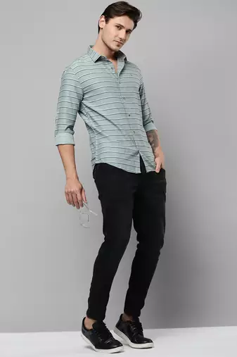 men's long sleeves horizontal stripes sea green shirt