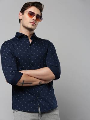 Showoff men's long sleeves geometric navy blue shirt 1