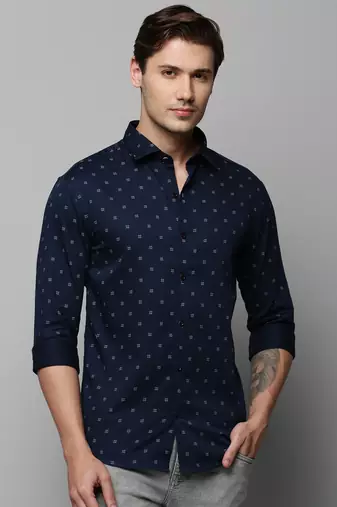 Showoff men's long sleeves geometric navy blue shirt
