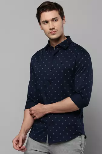 Showoff men's long sleeves geometric navy blue shirt