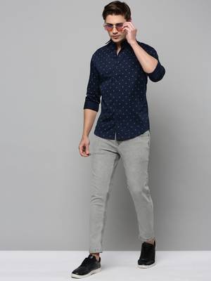 Showoff men's long sleeves geometric navy blue shirt 5