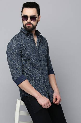 Showoff men's long sleeves floral navy blue shirt