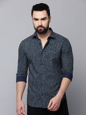 Showoff men's long sleeves floral navy blue shirt 2
