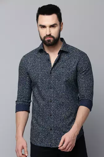 Showoff men's long sleeves floral navy blue shirt