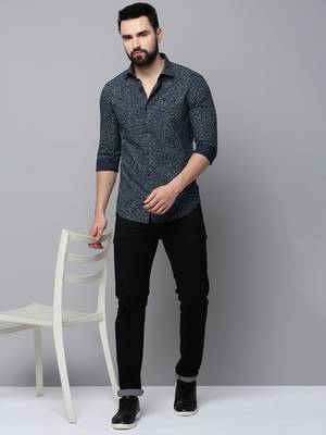 Showoff men's long sleeves floral navy blue shirt 5