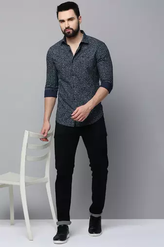 Showoff men's long sleeves floral navy blue shirt