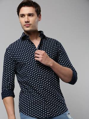 men's long sleeves geometric navy blue shirt 1