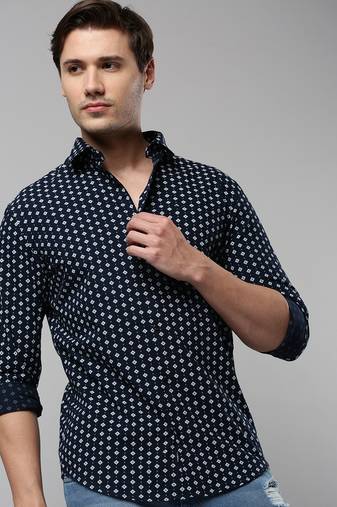 men's long sleeves geometric navy blue shirt
