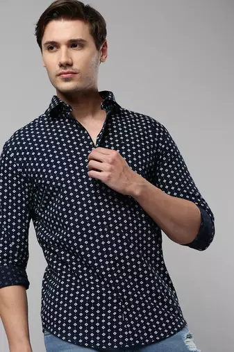 men's long sleeves geometric navy blue shirt