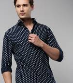 men's long sleeves geometric navy blue shirt