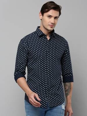 men's long sleeves geometric navy blue shirt 2