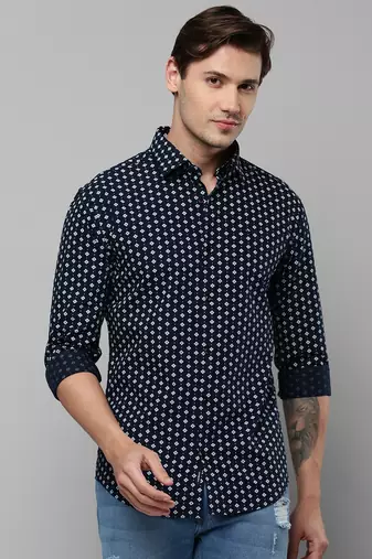 men's long sleeves geometric navy blue shirt