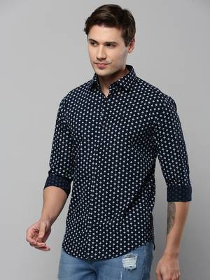 men's long sleeves geometric navy blue shirt 3