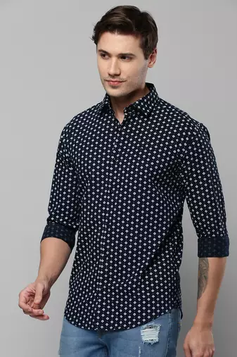 men's long sleeves geometric navy blue shirt