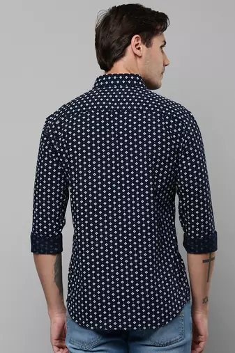 men's long sleeves geometric navy blue shirt