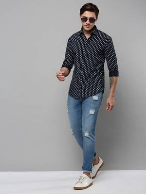 men's long sleeves geometric navy blue shirt 5