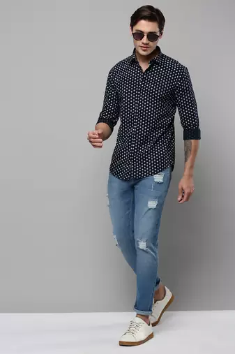 men's long sleeves geometric navy blue shirt