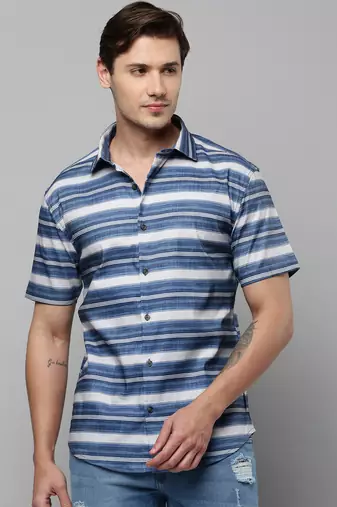 men's long sleeves multi stripes blue shirt