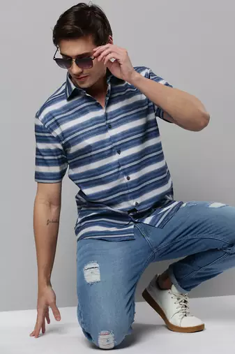 men's long sleeves multi stripes blue shirt