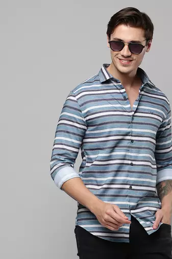 men's long sleeves multi stripes blue shirt