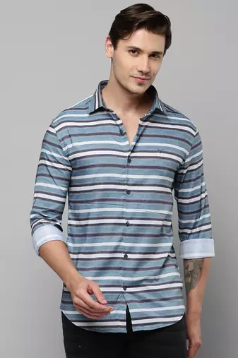 men's long sleeves multi stripes blue shirt