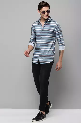men's long sleeves multi stripes blue shirt