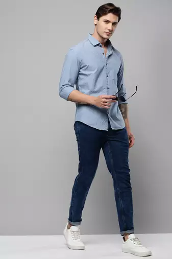 men's long sleeves polka dots blue shirt
