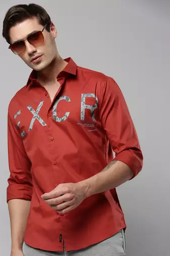 men's long sleeves typography rust shirt