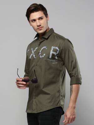men's long sleeves typography olive shirt 1