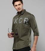 men's long sleeves typography olive shirt