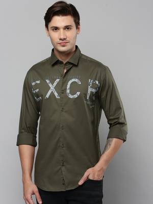 men's long sleeves typography olive shirt 2