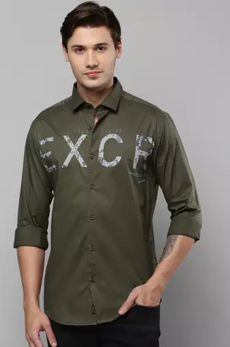 men's long sleeves typography olive shirt