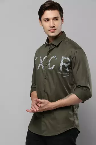 men's long sleeves typography olive shirt