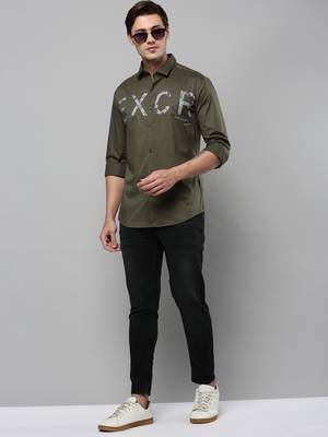 men's long sleeves typography olive shirt 5