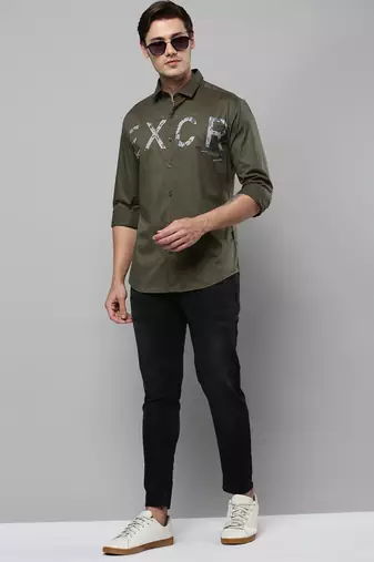 men's long sleeves typography olive shirt