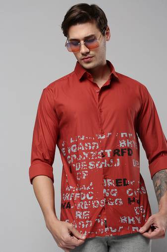 men's long sleeves typography rust shirt