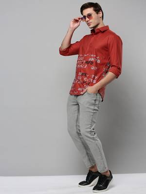 men's long sleeves typography rust shirt 5