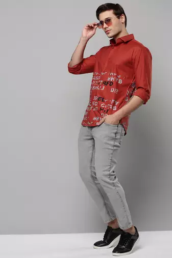 men's long sleeves typography rust shirt