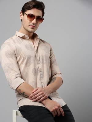 men's long sleeves conversational beige shirt 1
