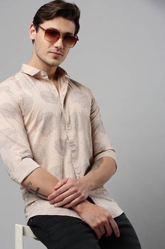men's long sleeves conversational beige shirt