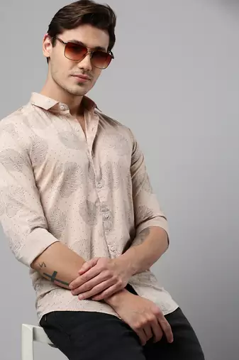 men's long sleeves conversational beige shirt