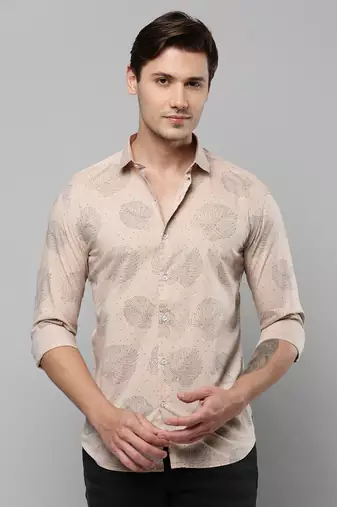 men's long sleeves conversational beige shirt