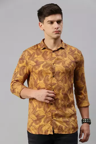 men's long sleeves abstract mustard shirt