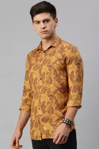men's long sleeves abstract mustard shirt