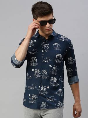 men's long sleeves conversational navy blue shirt 1